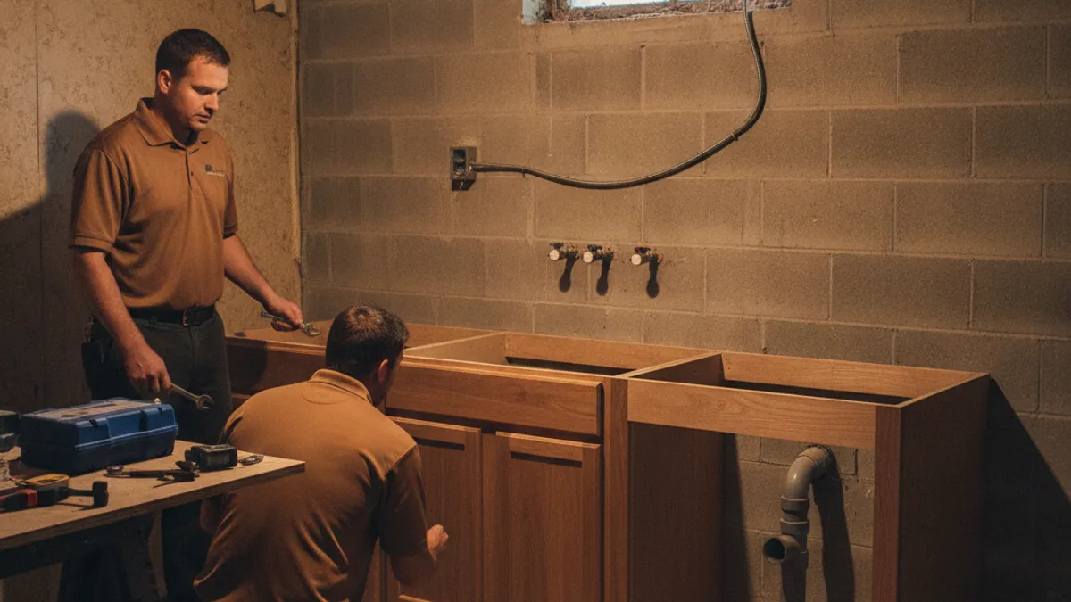 Basement kitchenette under construction with new cabinets and plumbing rough-in in an older Topeka home