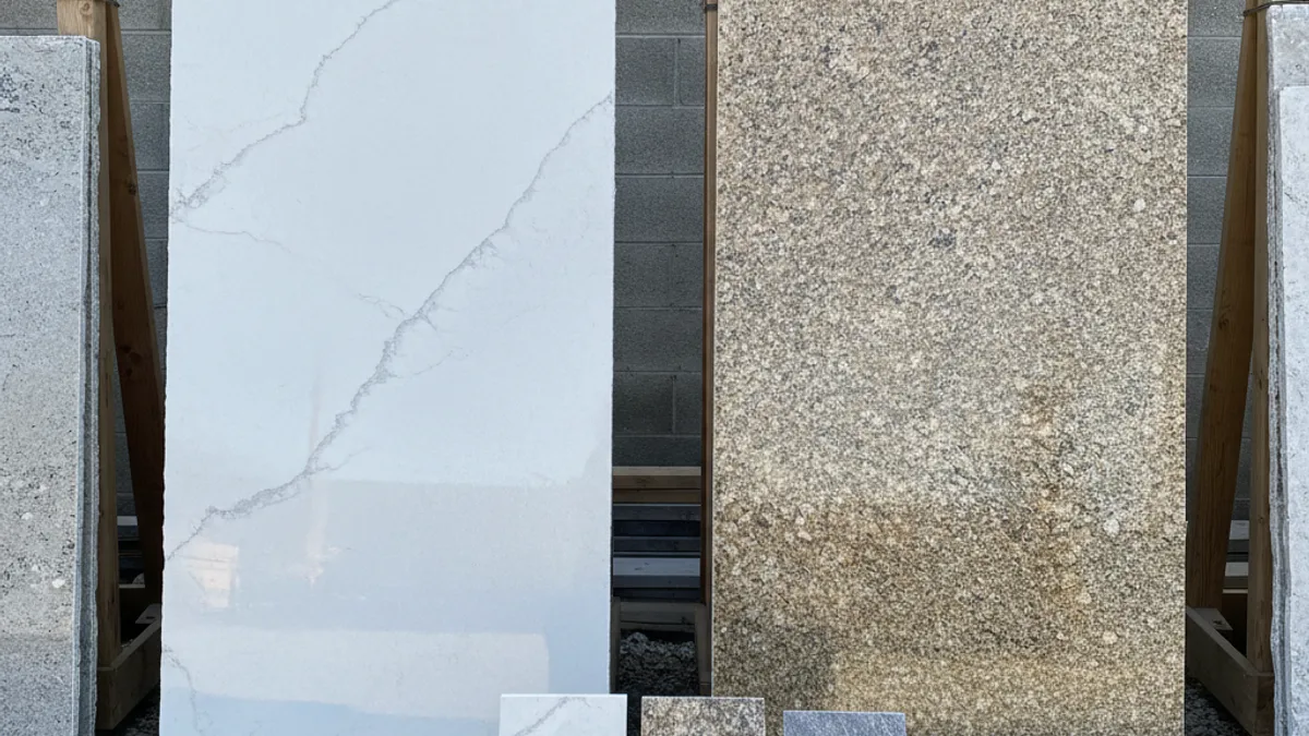 Quartz and granite countertop slabs displayed side by side in a Topeka kitchen showroom