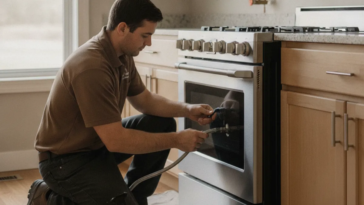 Technician connecting a gas line to a new range during a Topeka kitchen remodel