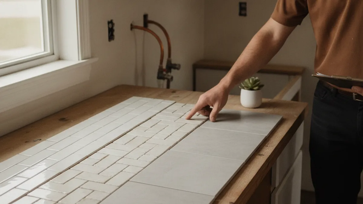 Subway tile backsplash samples arranged on a Topeka kitchen counter during a design consult