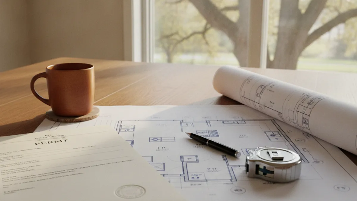Permit paperwork and a kitchen floor plan laid out on a table during a Topeka remodel planning session