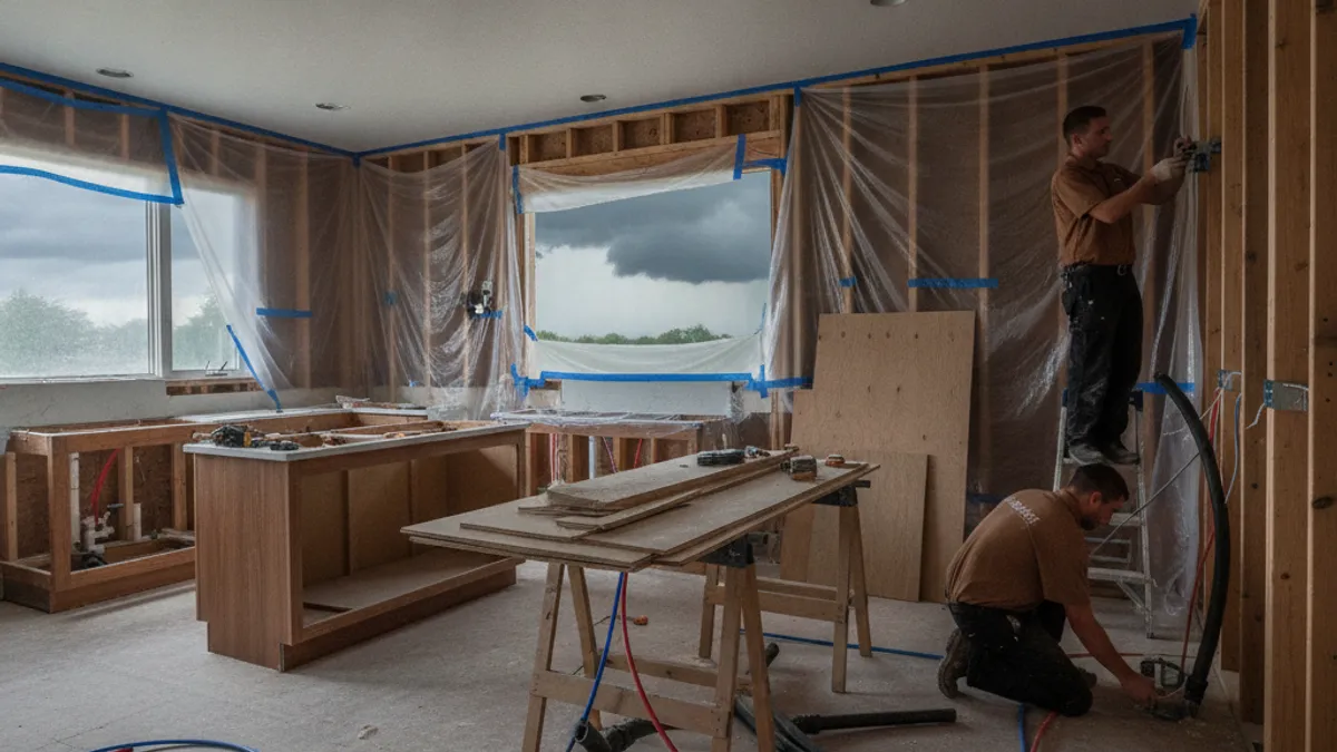 Kitchen mid-remodel with plastic sheeting over an open wall as storm clouds gather outside a Topeka home