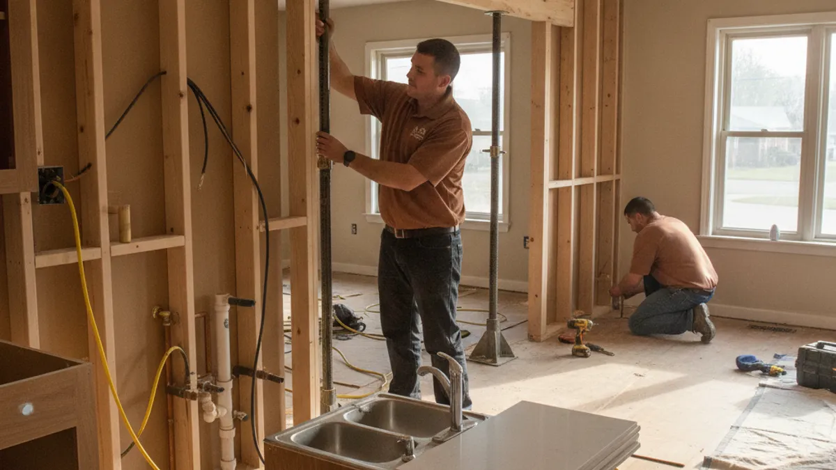 New structural header installed after a load-bearing wall removal in a Topeka kitchen remodel