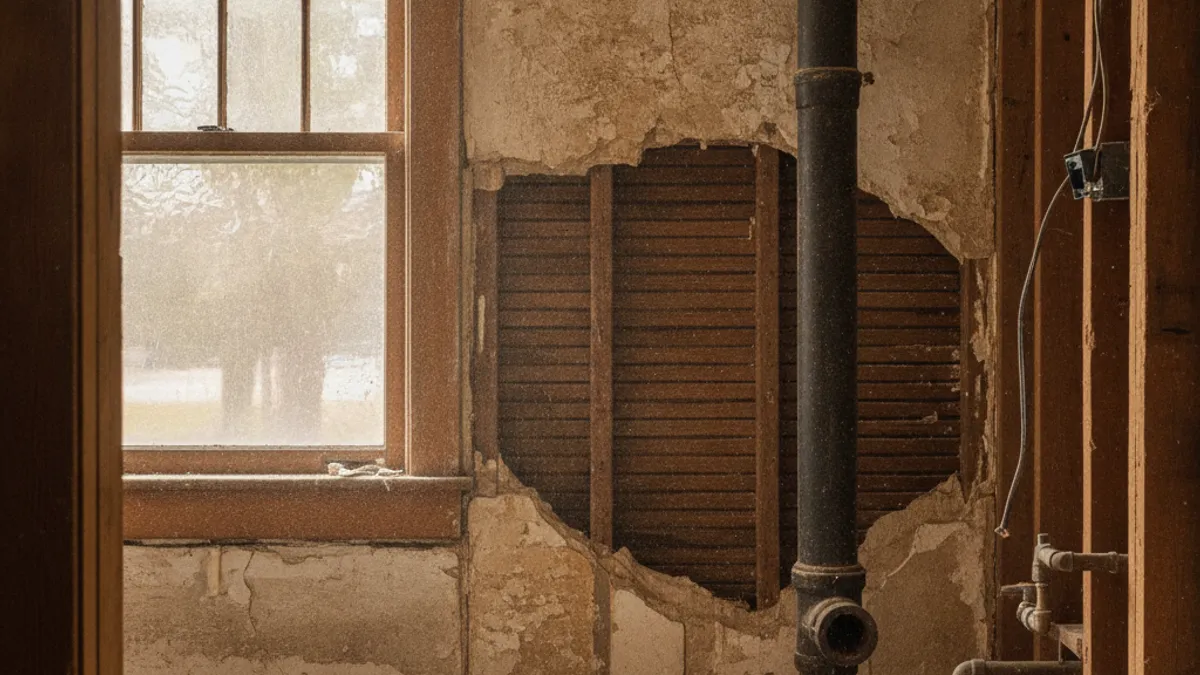 Original plaster wall and cast iron pipe exposed during a historic Topeka kitchen remodel