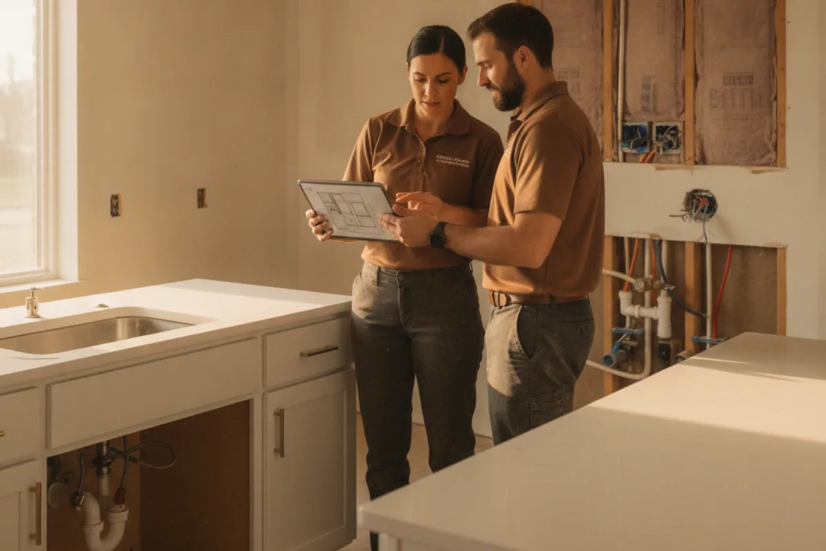 Topeka Kitchen Pro design consult: a designer reviews a kitchen layout with a homeowner in a Topeka home.