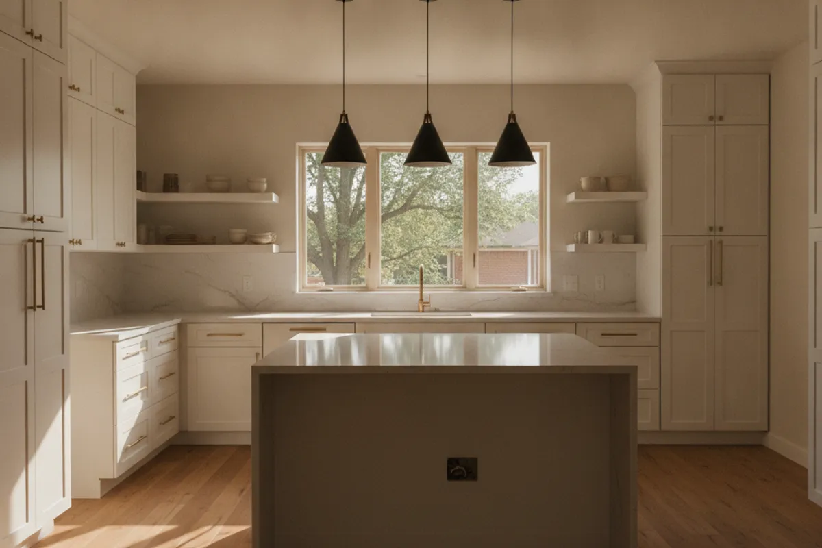 Modern Topeka kitchen remodel with shaker cabinets, quartz counters, and a large island under pendant lights.