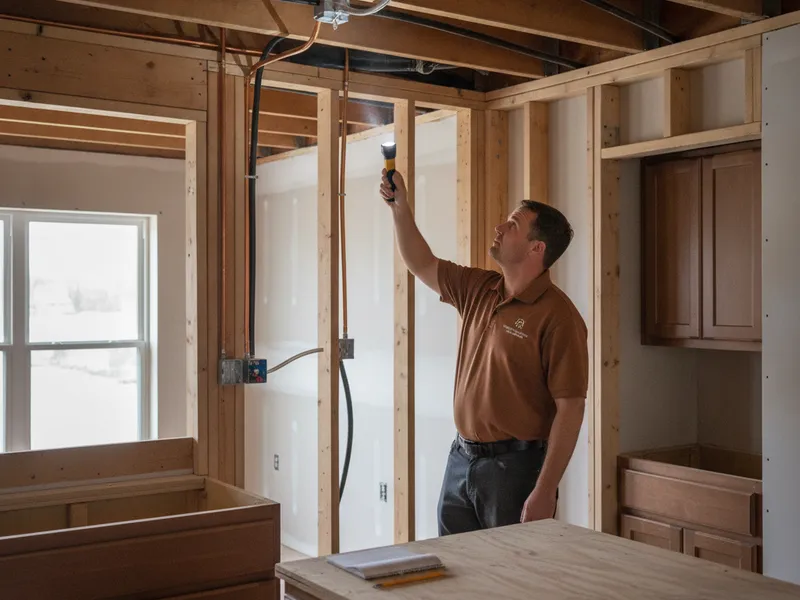 Homeowner inspecting a kitchen wall and ceiling joists to check if it is load-bearing