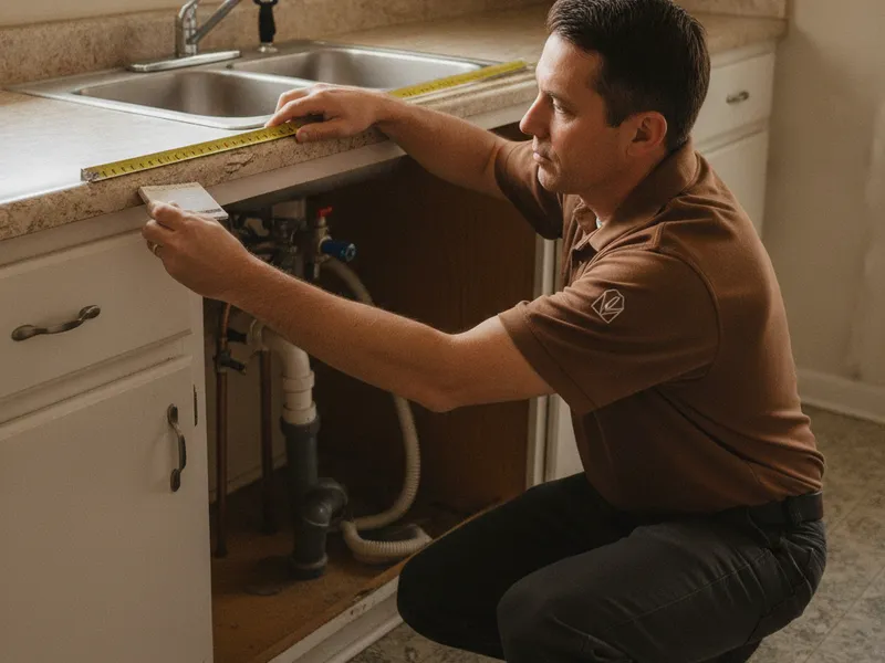 Person measuring a kitchen counter run with a tape measure before a countertop template appointment