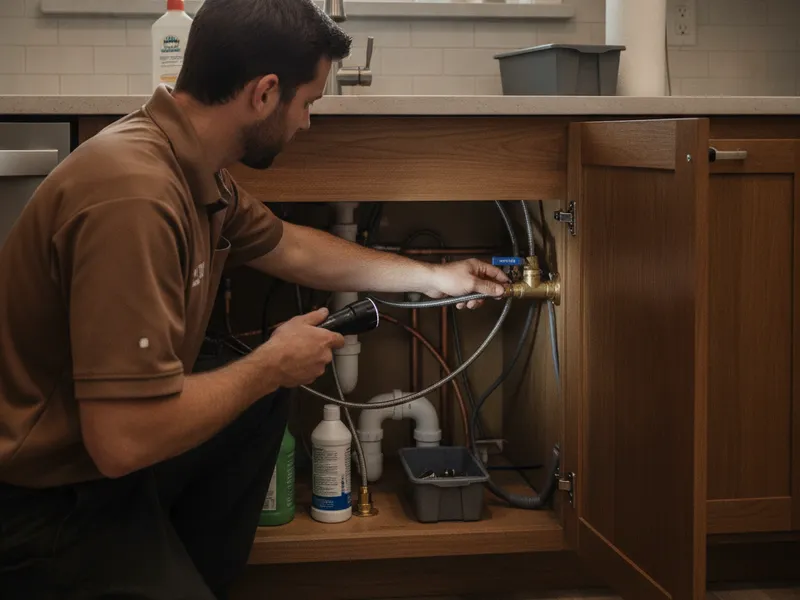 Homeowner locating a water shutoff valve under a kitchen sink before demo day