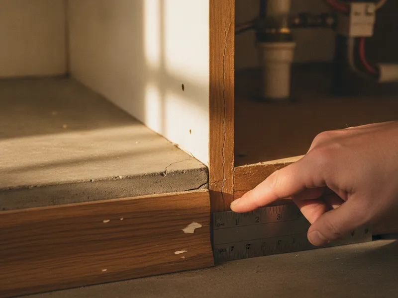 Close-up of a hairline crack near a kitchen slab and cabinet toe-kick in an older Topeka home