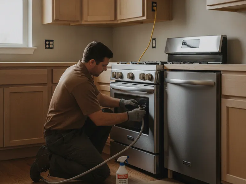 Technician connecting a gas line during a kitchen range installation in Topeka