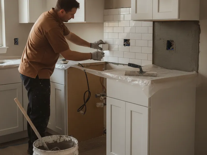 Subway tile backsplash installation above a kitchen countertop in a Topeka home