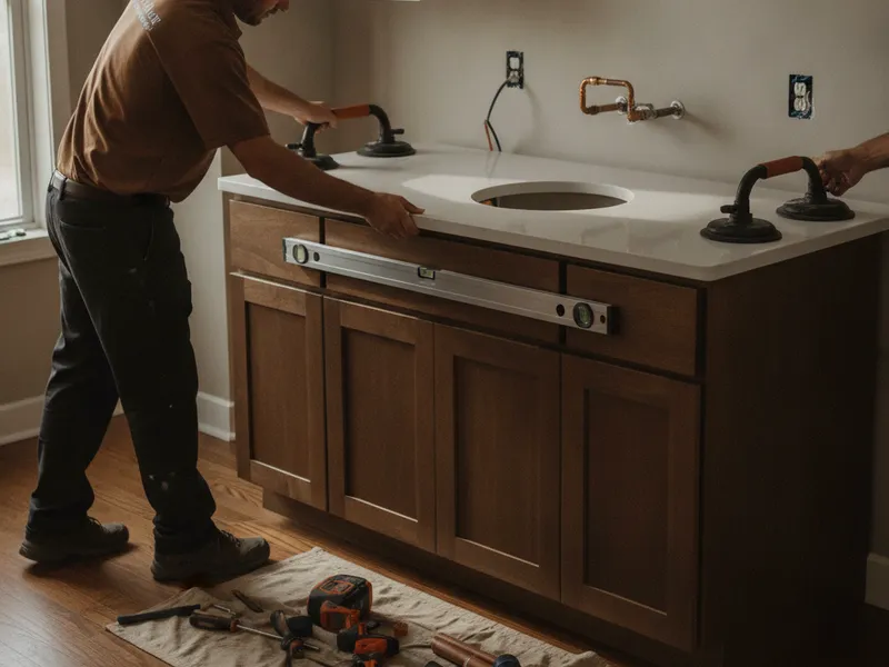 Fabricator installing a quartz countertop with an undermount sink in a Topeka kitchen