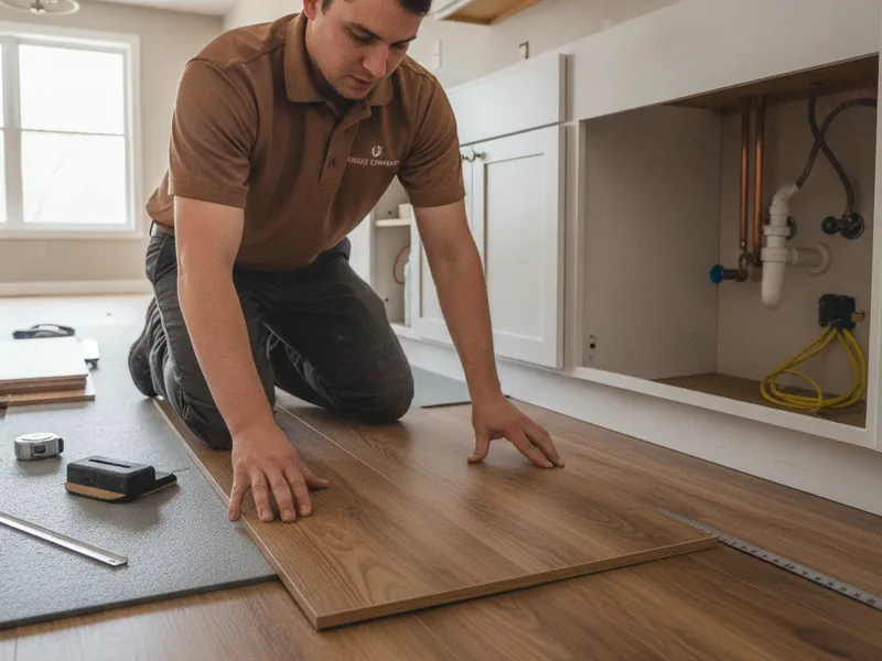 Installer laying luxury vinyl plank flooring in a Topeka kitchen remodel