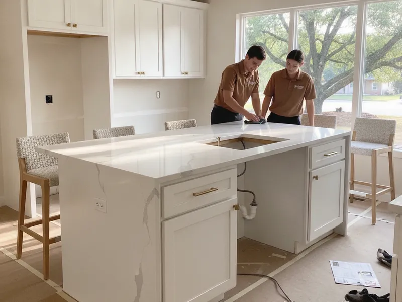 New kitchen island with waterfall quartz countertop and breakfast bar seating