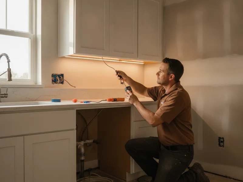 Electrician installing under-cabinet LED lighting in a Topeka kitchen remodel