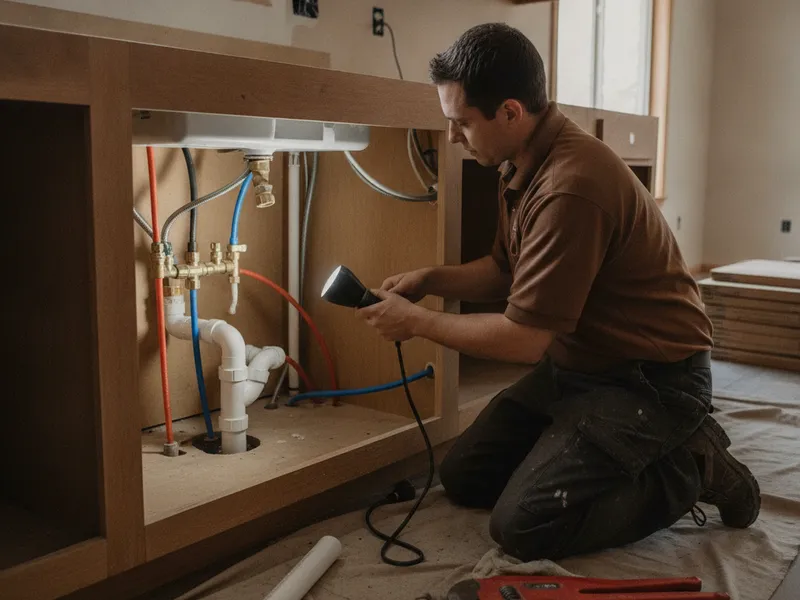 Plumber working on rough-in piping under a kitchen sink during a remodel in Topeka