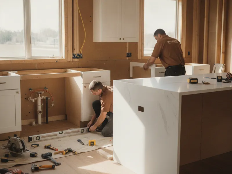 Crew installing shaker cabinets in a Topeka full kitchen remodel with an island