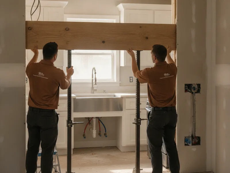 Crew installing a structural header during an open concept kitchen wall removal in Topeka